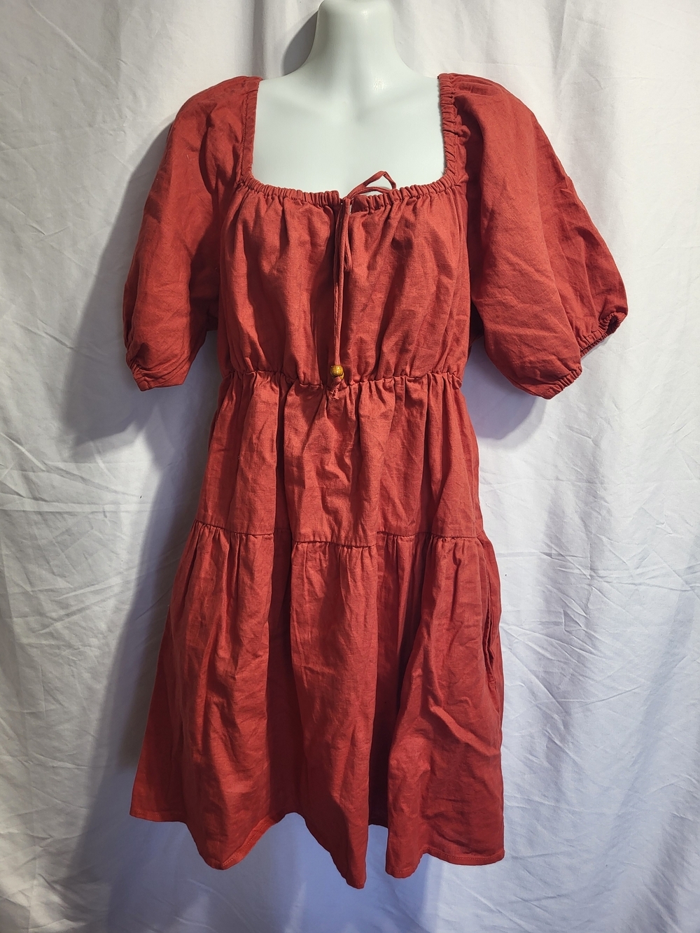 Joe Fresh Rust Red Puff-Sleeve Tiered Midi Dress, Size Large
